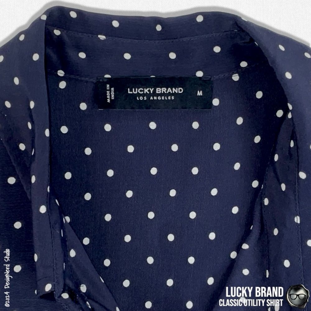 LUCKY BRAND CLASSIC UTILITY BUTTON DOWN SHIRT IN NAVY WHITE DOTS WOMEN’S SIZE M - Picture 5 of 14